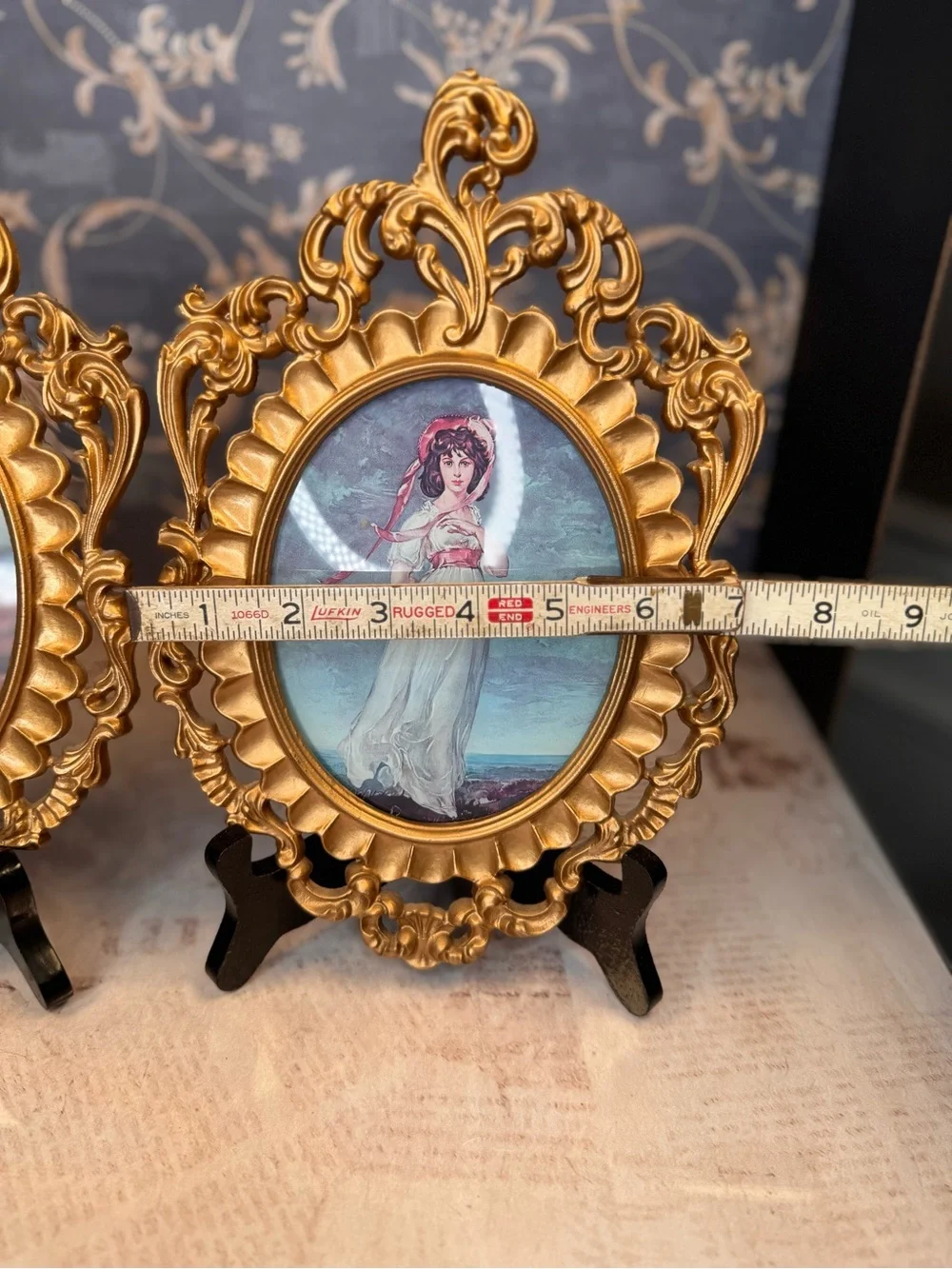 Vintage Pinky & Blue Boy Convex Print Pair Ornate Gold Tone Resin Frames